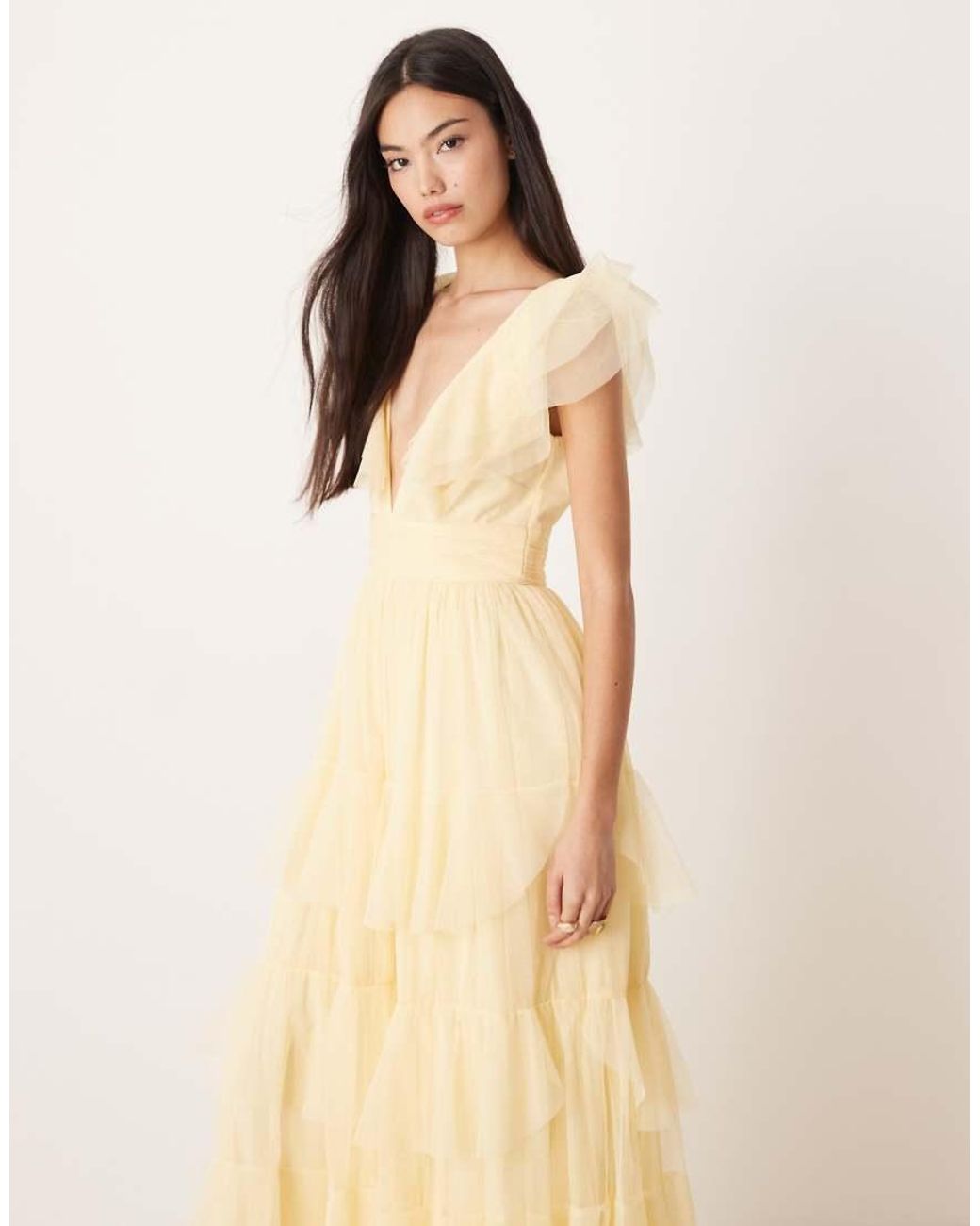 LACE & BEADS Natural Tulle Flutter Sleeve Tiered Frill Maxi Dress