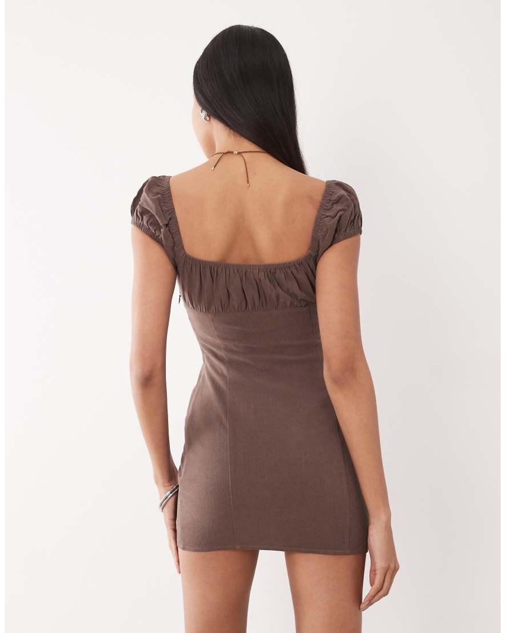 The Frolic Brown Exclusive Linen Feel Ruched Bust Cap Sleeve Mini Dress