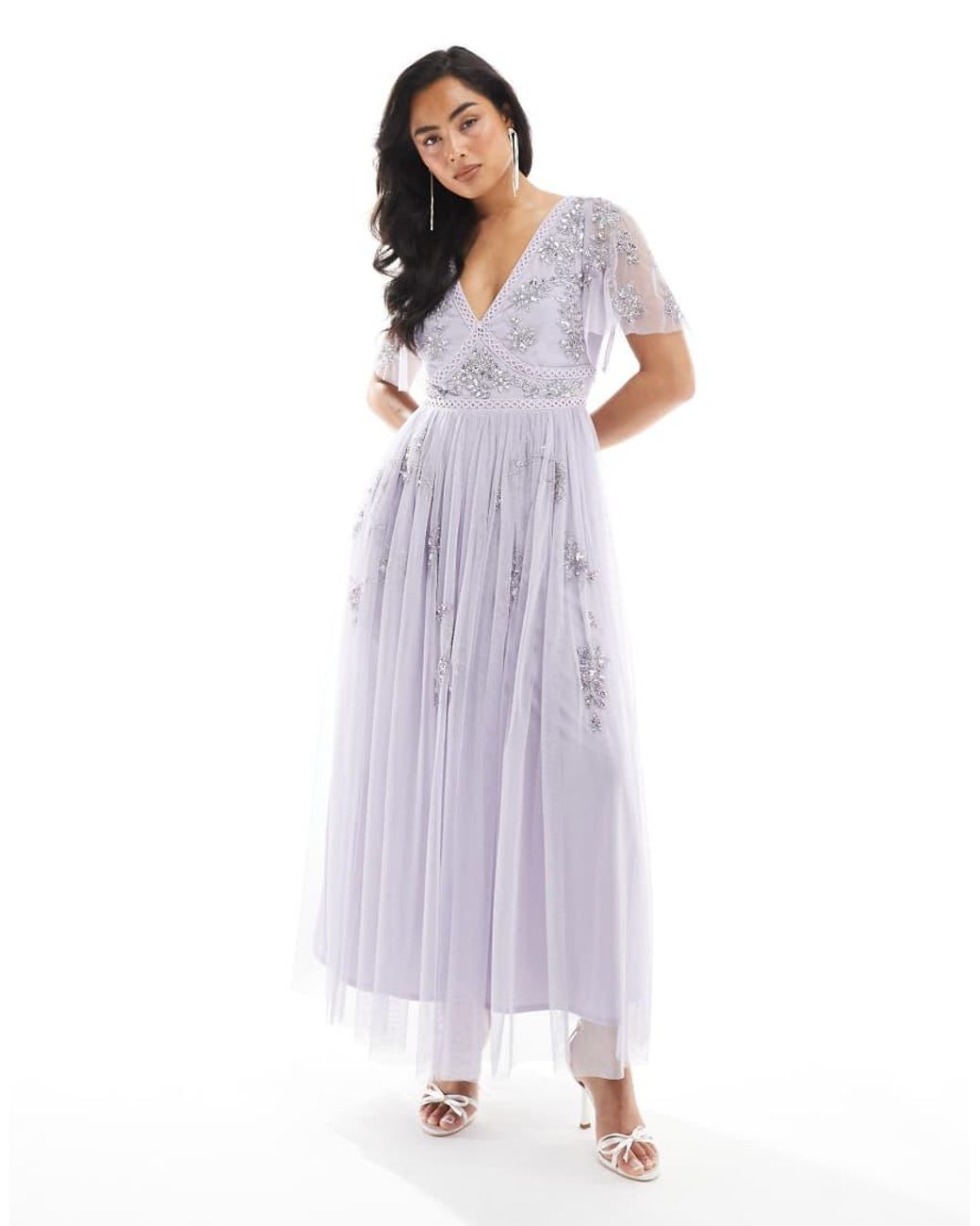 Maya Purple Embellished Short Sleeve Midi Dress