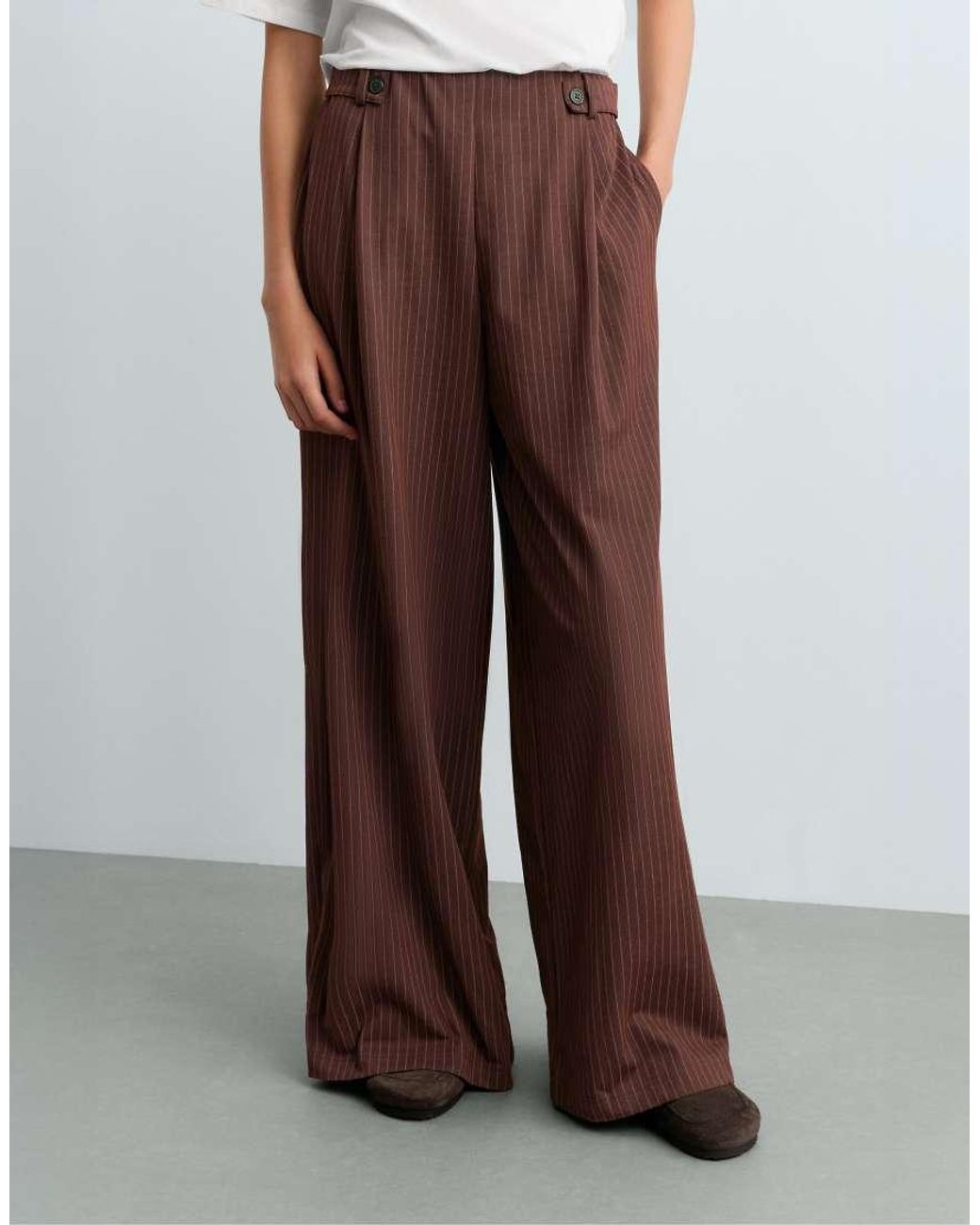 Oysho Brown Pinstripe Cotton Piqué Wide-Leg Trousers