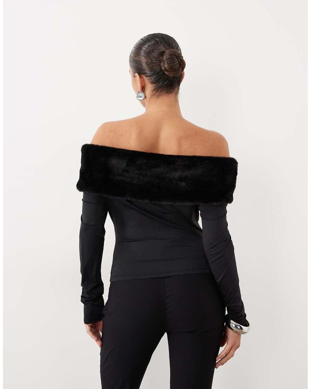 Lioness Blue Waldorf Knitted Faux Fur Trim Bardot Long Sleeve Top