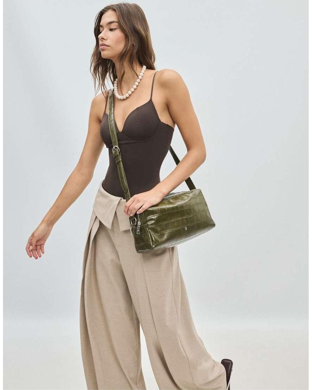 Stradivarius Green Crocodile-effect Rectangular Crossbody Bag