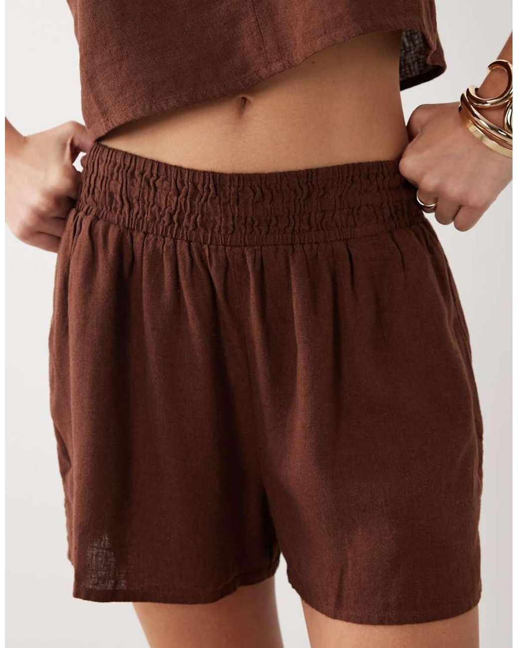 Nobody's Child Brown Joppa Linen Blend Elastic Waist Shorts