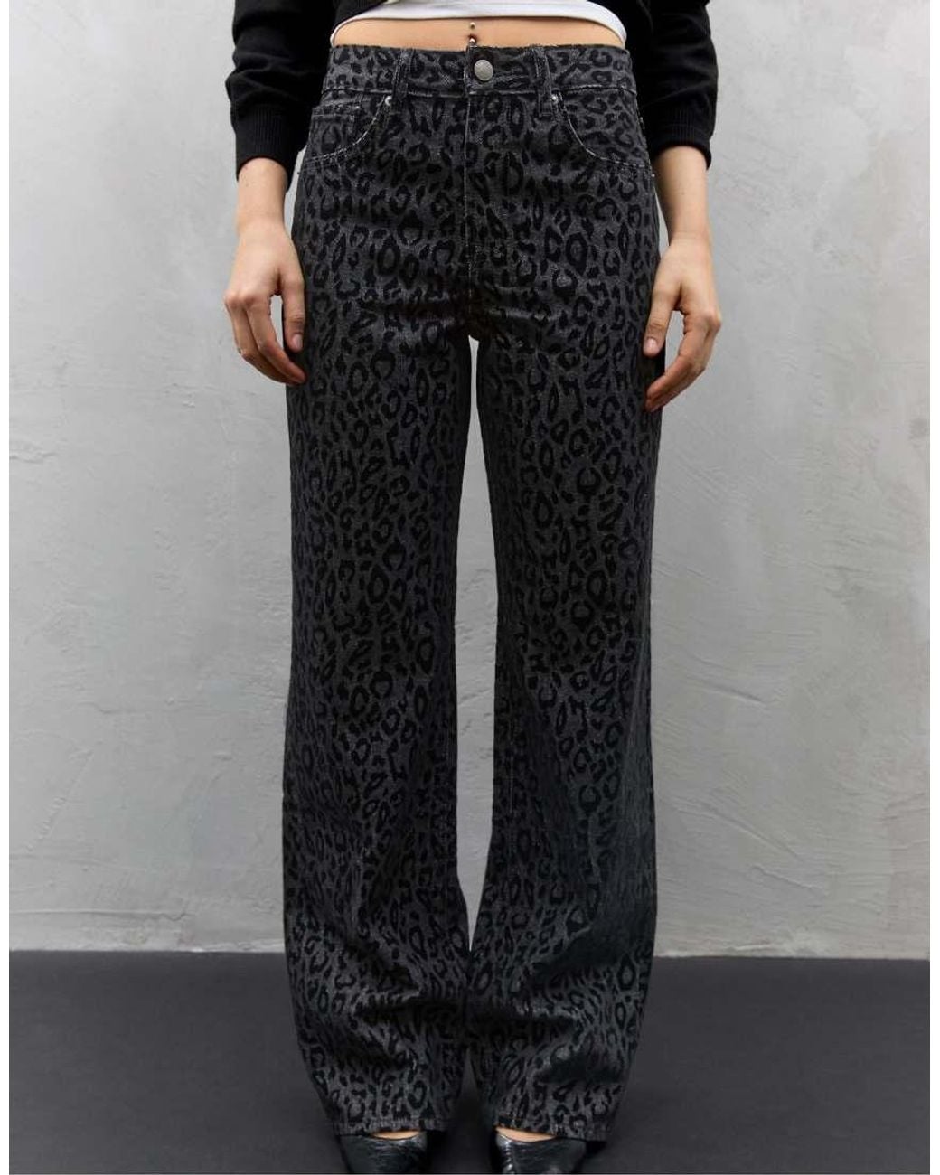 Stradivarius Black Flocked Leopard Print Jeans
