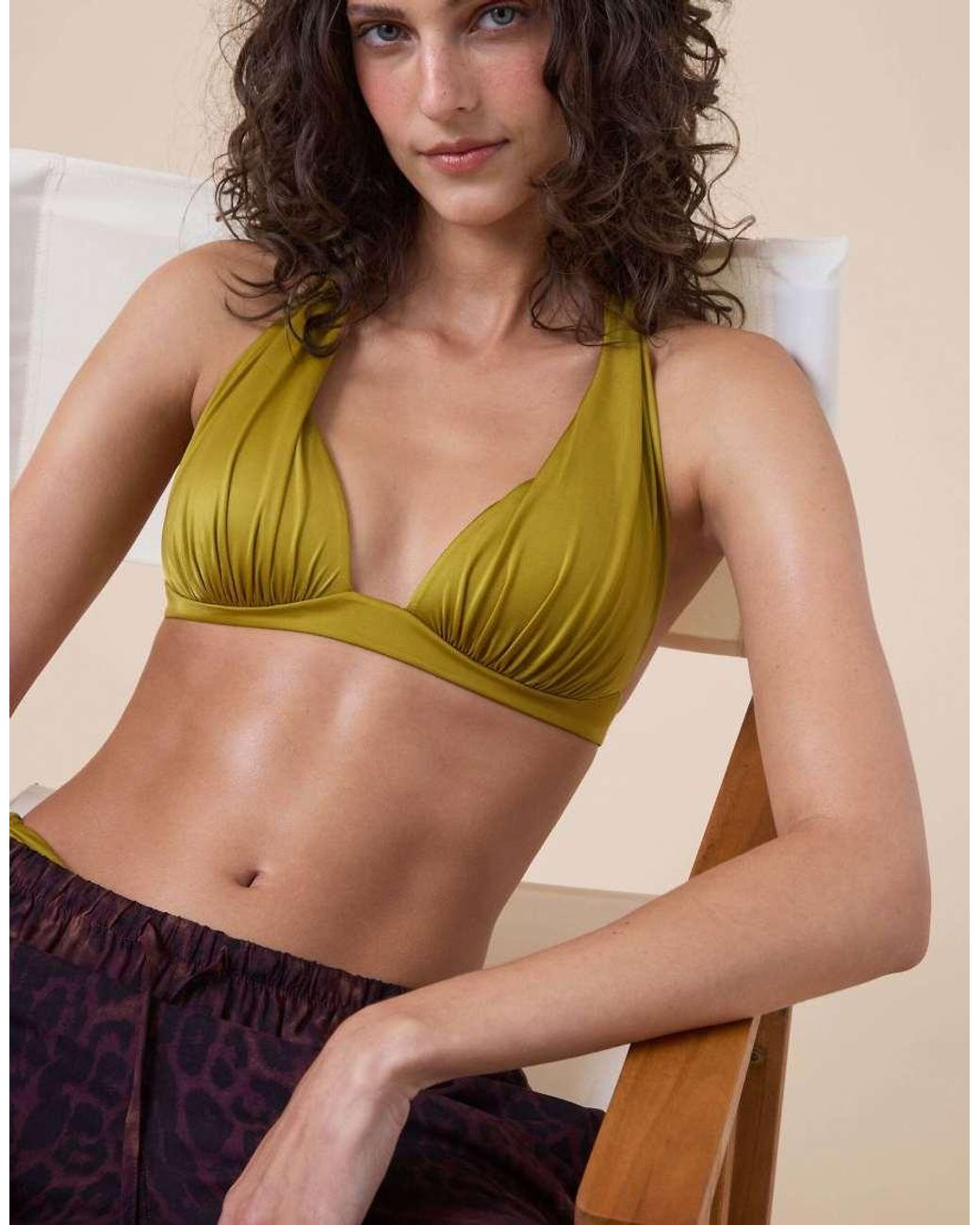 Calzedonia Green Shiny Satin Padded Triangle Bikini Top