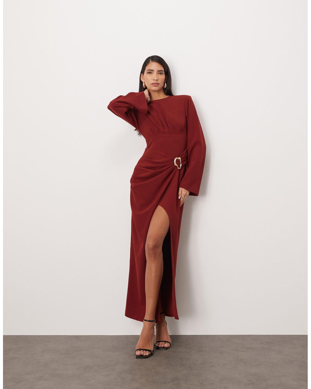 slim fit dress slacks Issey Miyake Gold Funnel Neck Long Sleeve Maxi Dress Size Small