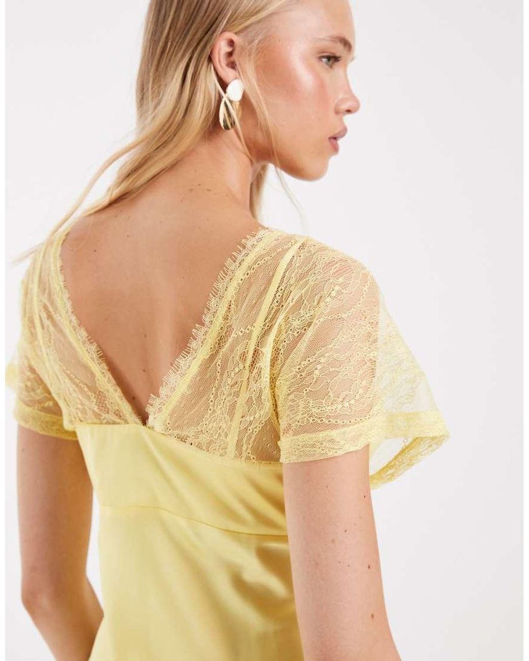 ASOS Yellow V Neck Satin Maxi Dress With Lace Detail