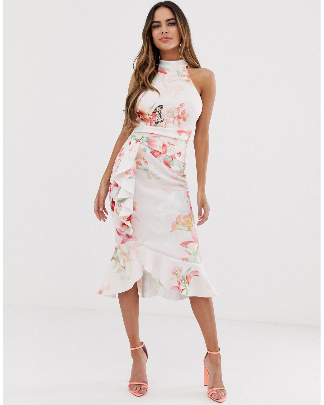 lipsy high neck bodycon midi dress with frill detail in floral print