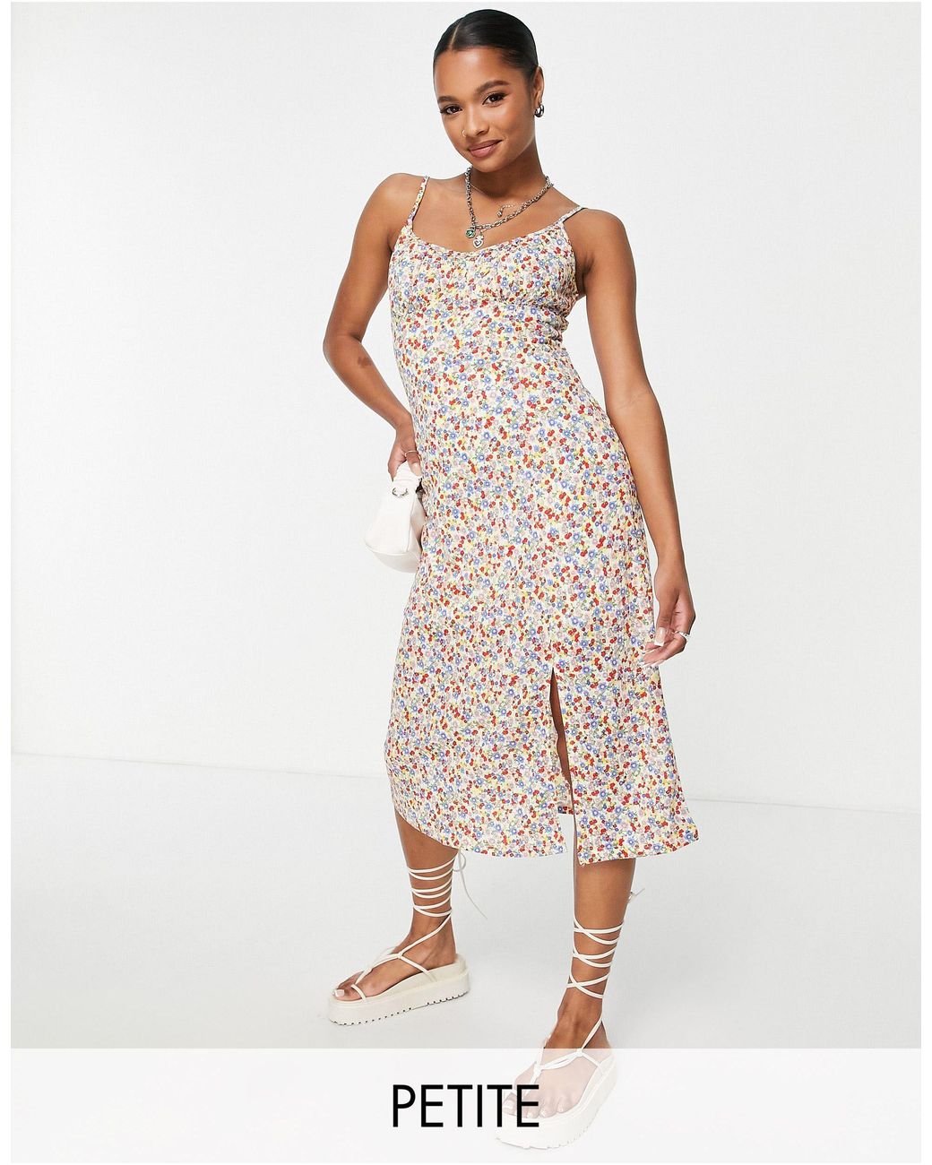 Robe milongue à petites fleurs fendue sur le côté avec bretelles et