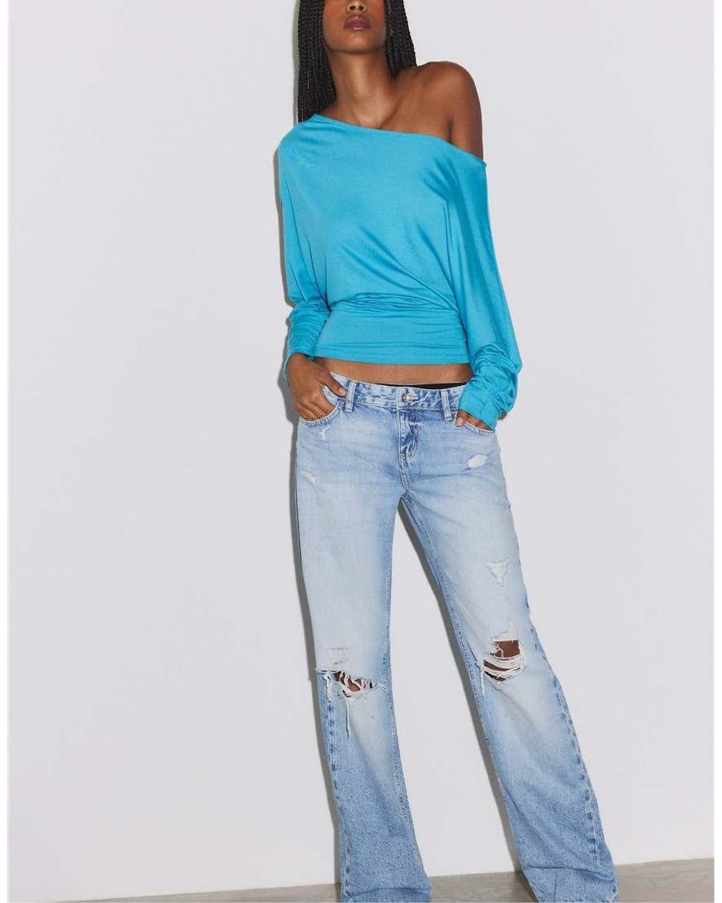 Stradivarius Blue Low-rise Ripped Straight Jeans