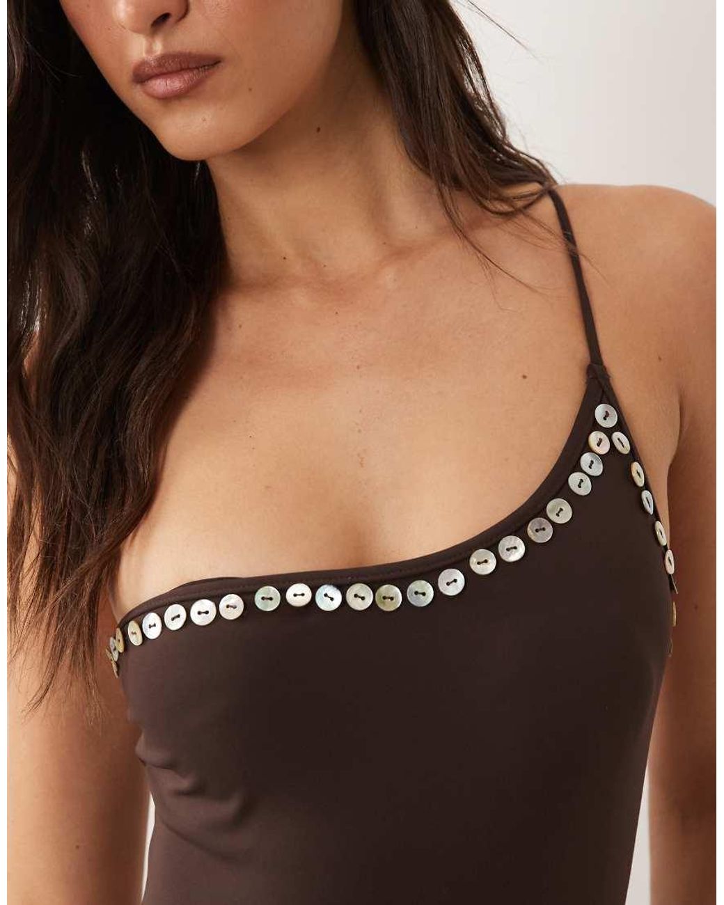 Mango Brown Button Trim One Shoulder Swim Suite