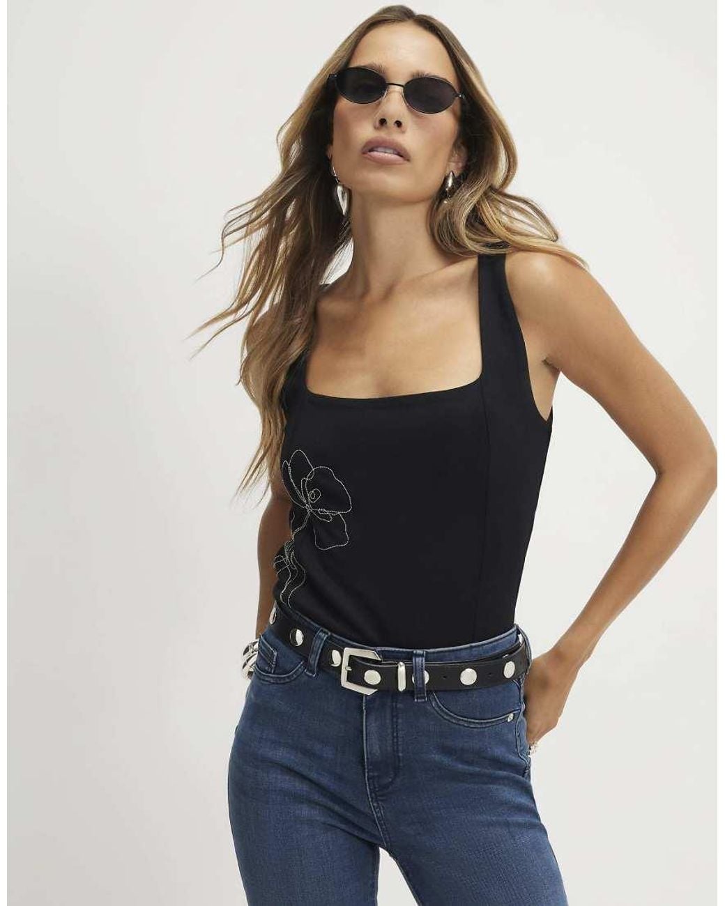 River Island Black Flower Embellished Corset Top