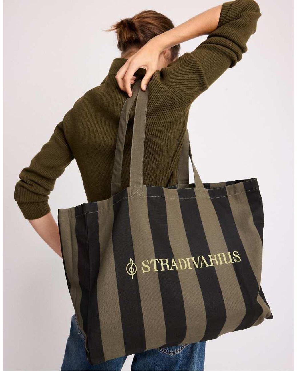 Stradivarius Black Striped Tote Bag