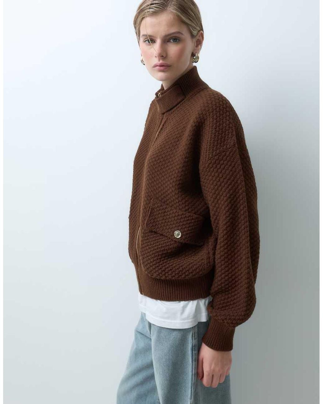 ASOS Brown Knitted High Neck Bomber Jacket