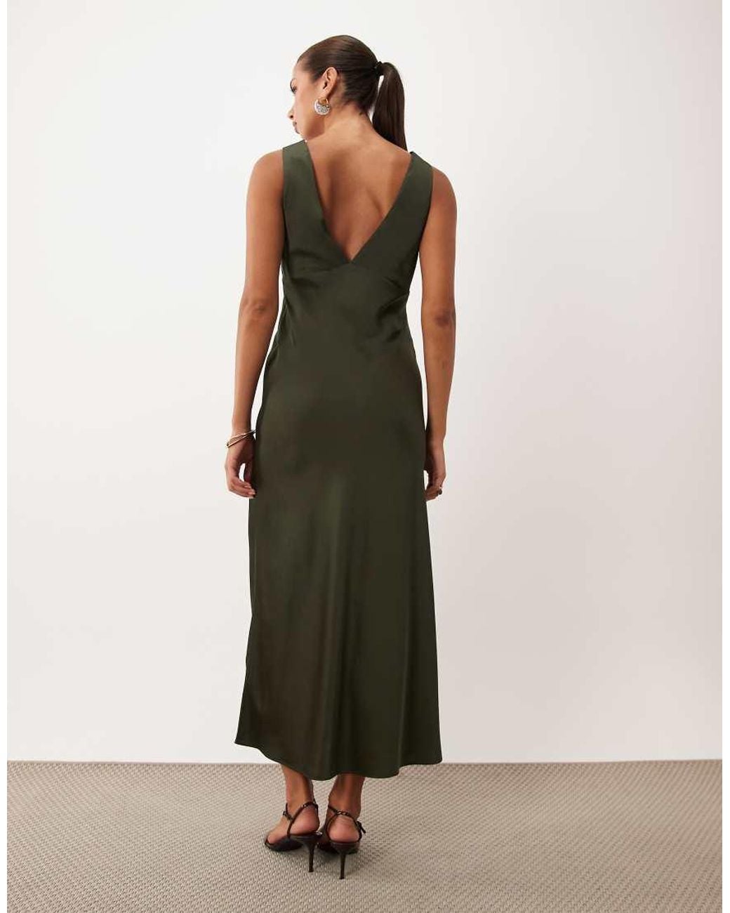 Nobody's Child Natural Joey Satin Plunge Neck Slip Midi Dress