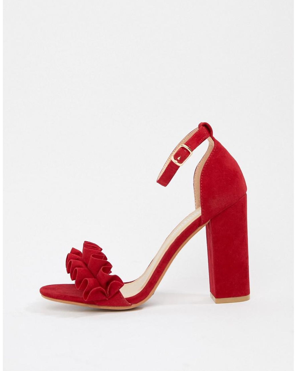 PrettyLittleThing Ruffle Block Heeled Sandals In Red | Lyst