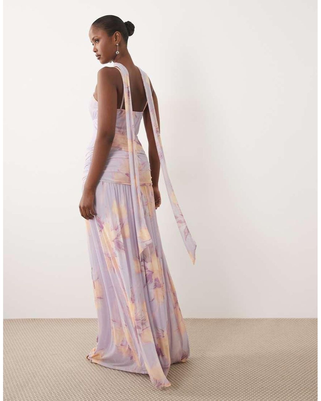 ASOS Pink Printed Mesh Ruched Bust Maxi Dress With Scarf Detail