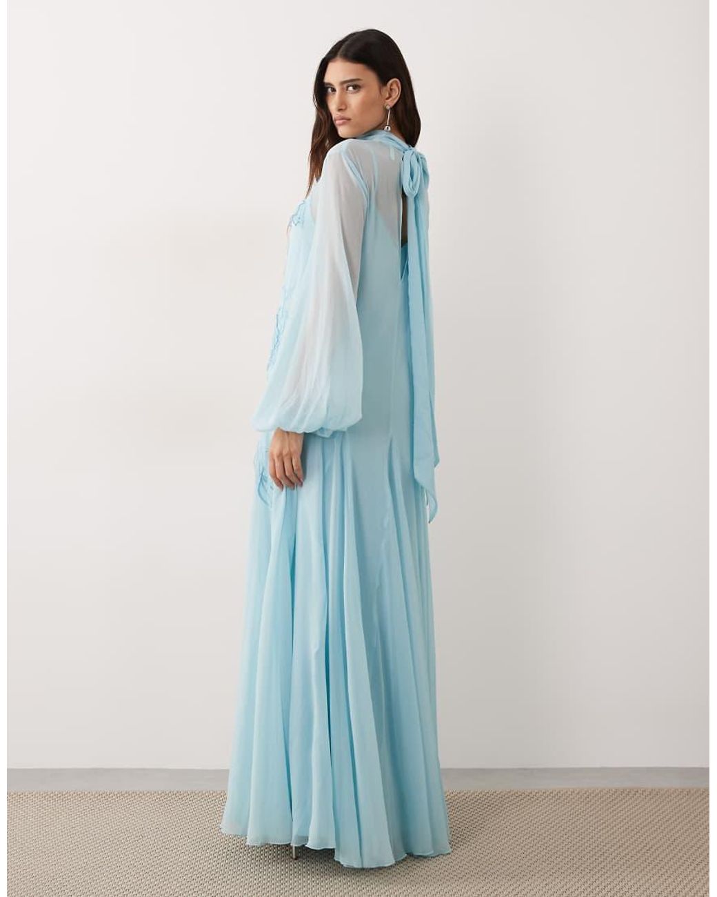 ARRANGE Blue Applique Floral Tie Neck Blouson Sleeve Trapeze Maxi Dress