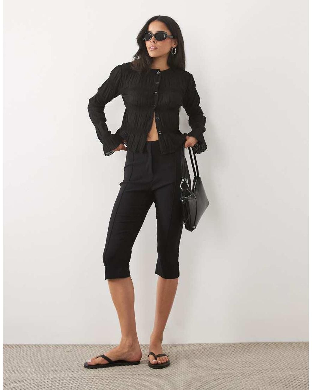 Miss Selfridge Black Textured Button Through Top With Flare Sleeve