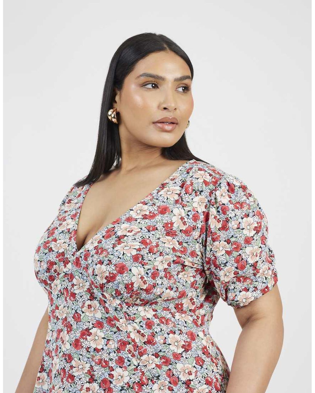 Brave Soul Pink Curve Floral Puff Sleeve V-Neck Mini Dress