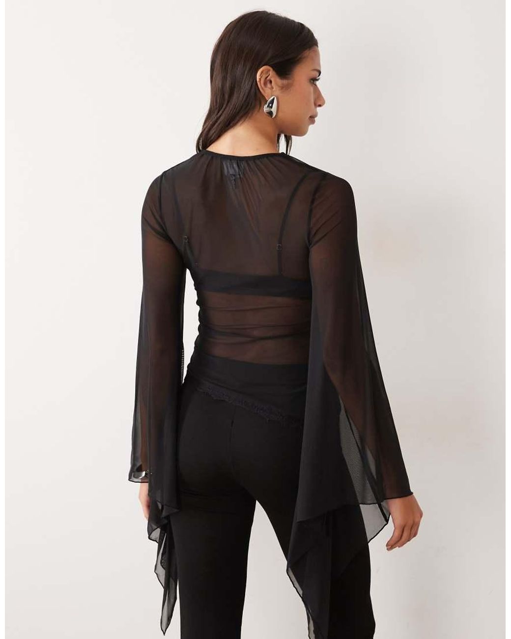 ASOS Black Mesh Asymmetric Hem Draped Sleeve Key Hole Mesh Top