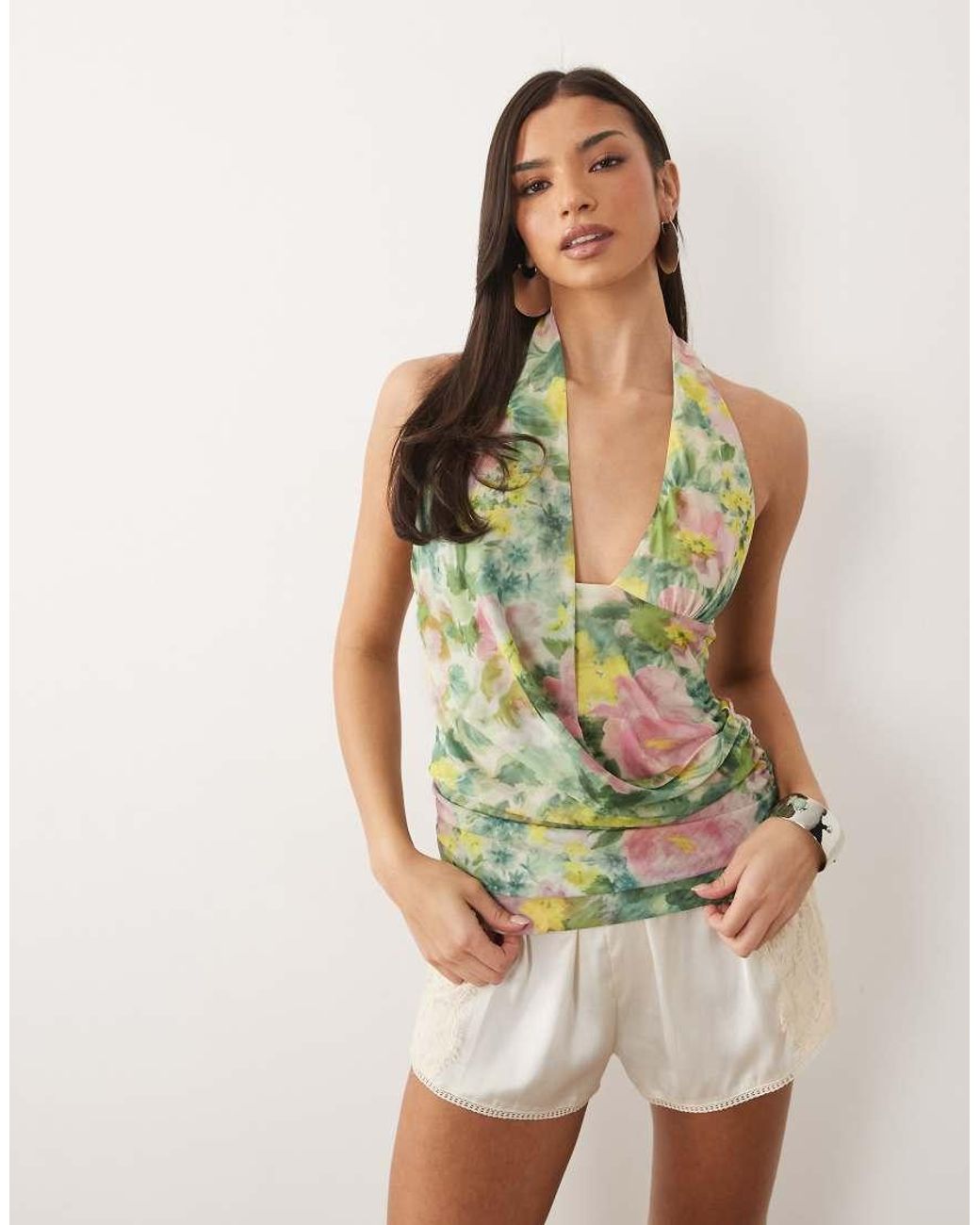 ASOS Multicolor Printed Mesh Scarf Detail Halter Top