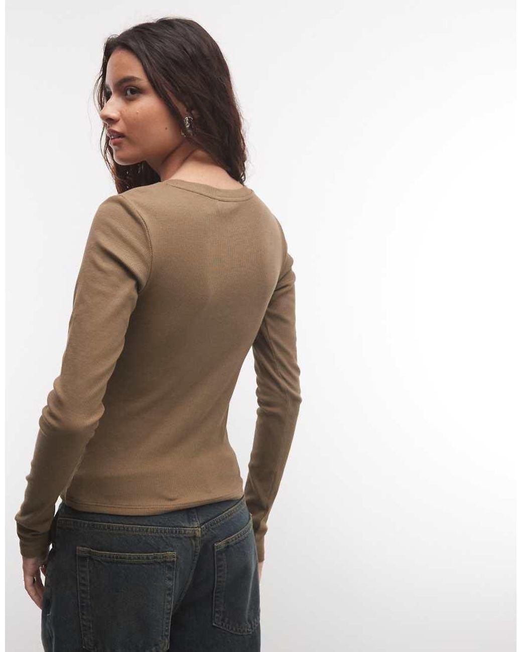 Monki Brown Ribbed Long Sleeve Top