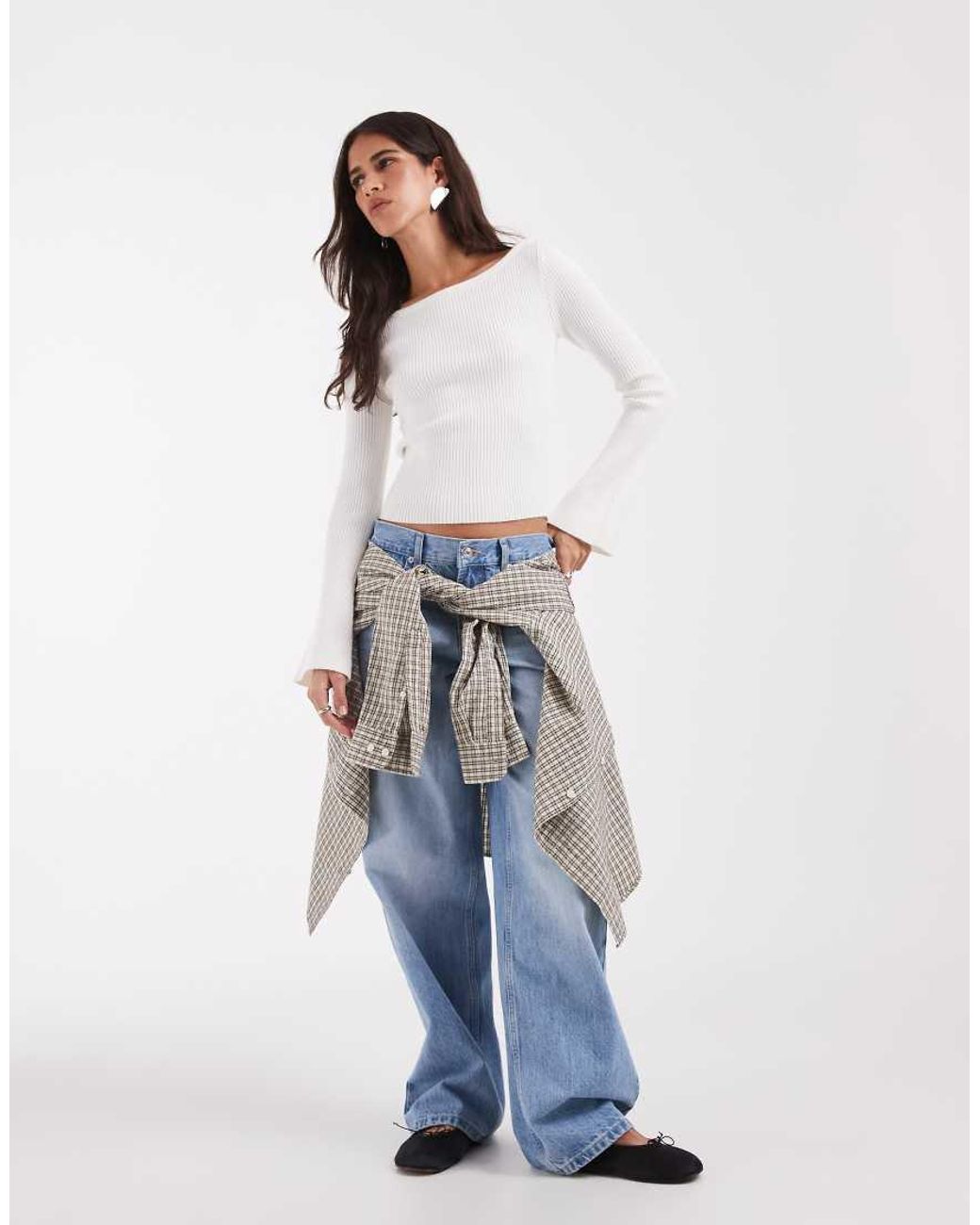 Hollister White Knitted Slash Neck Jumper With Bell Sleeves