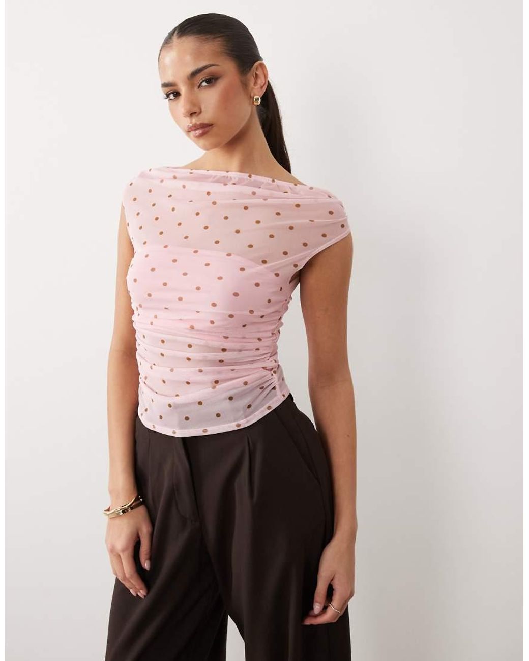 ASOS Pink Mesh Gathered Short Sleeve Off Shoulder Top