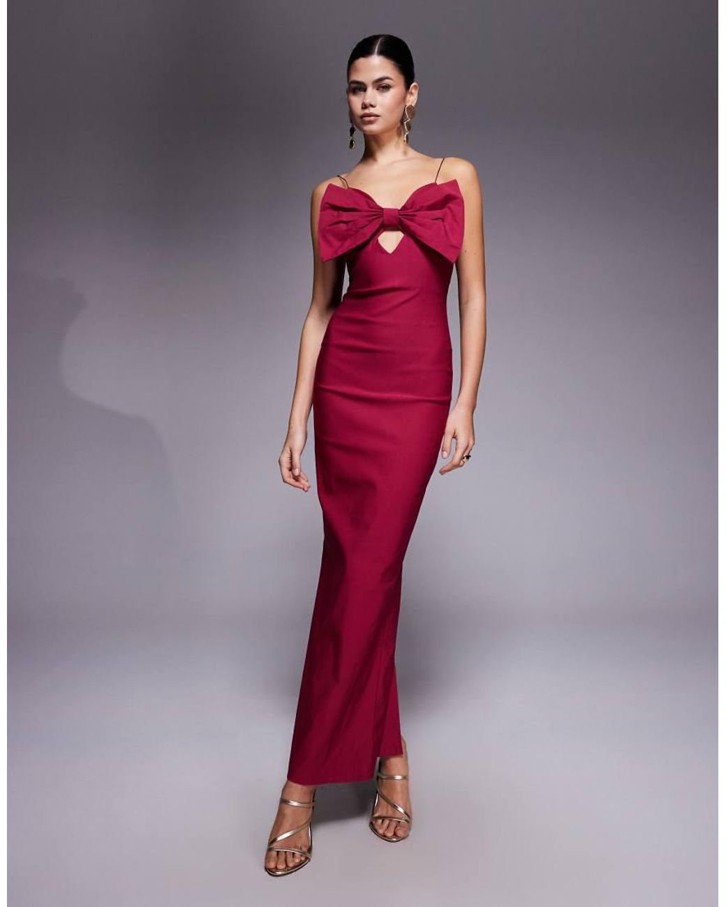 Vesper Red Cami Strap Bodycon Maxi Dress With Bow