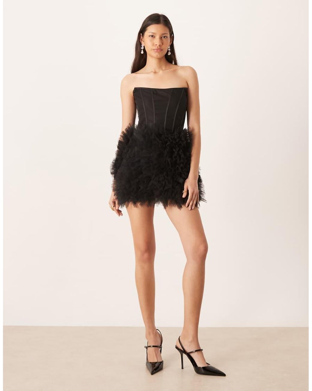 LACE & BEADS Black Bandeau Corset Detail Tulle Skirt Mini Dress
