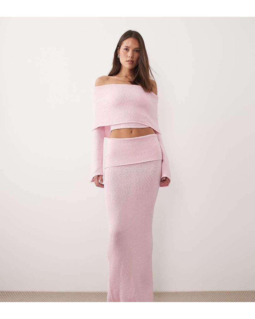 Wanderdoll Pink Yasmin Boucle Knit Dramatic Foldover Maxi Skirt Co-Ord