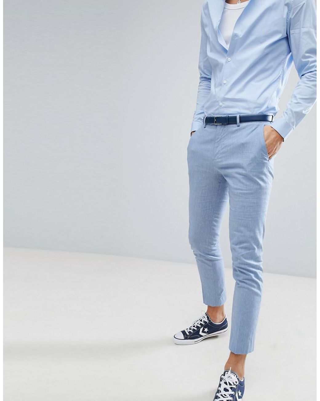 Wedding Linen Suit Trousers In Light Blue for Men |