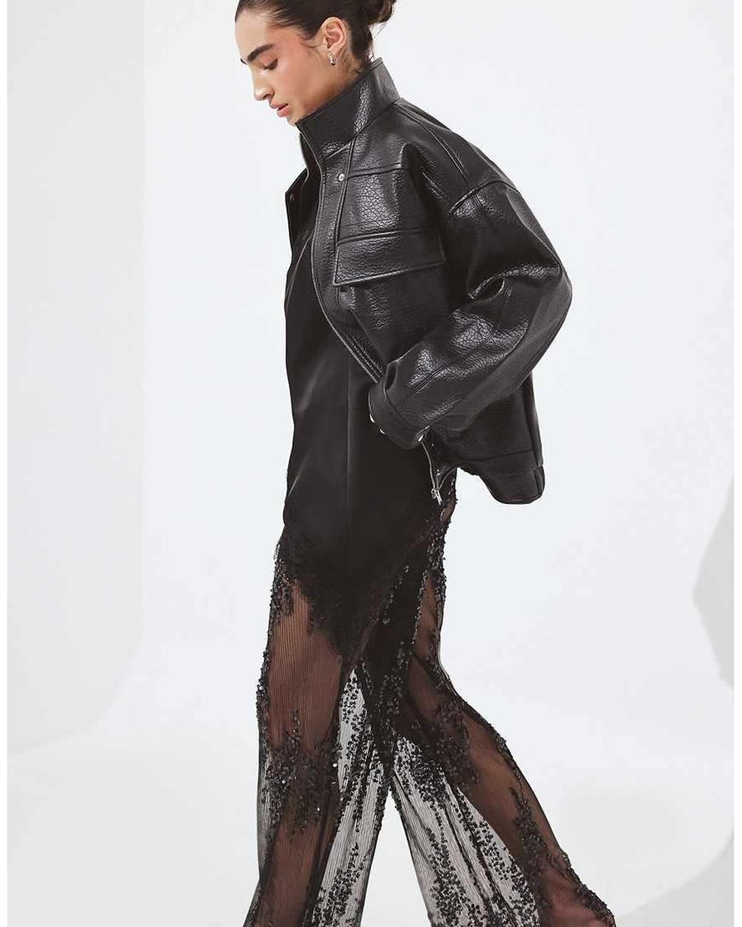 NA-KD Black Wide Pleated Sequins Trousers