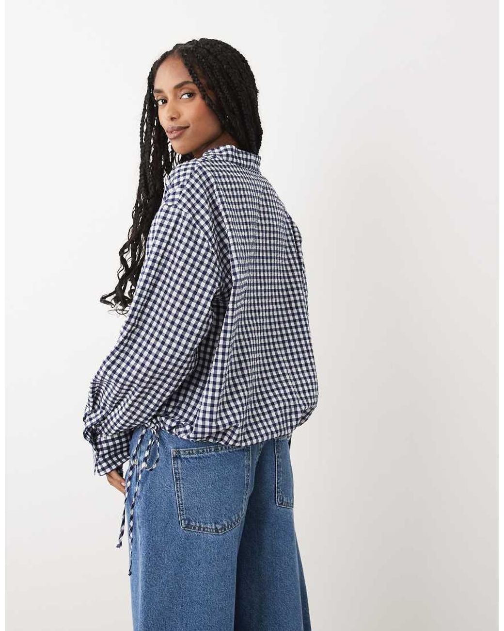 ARKET Blue Seersucker Bubble Hem Blouse