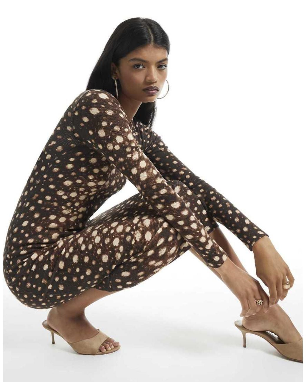 River Island Brown Rib Deer Print Midi Dress