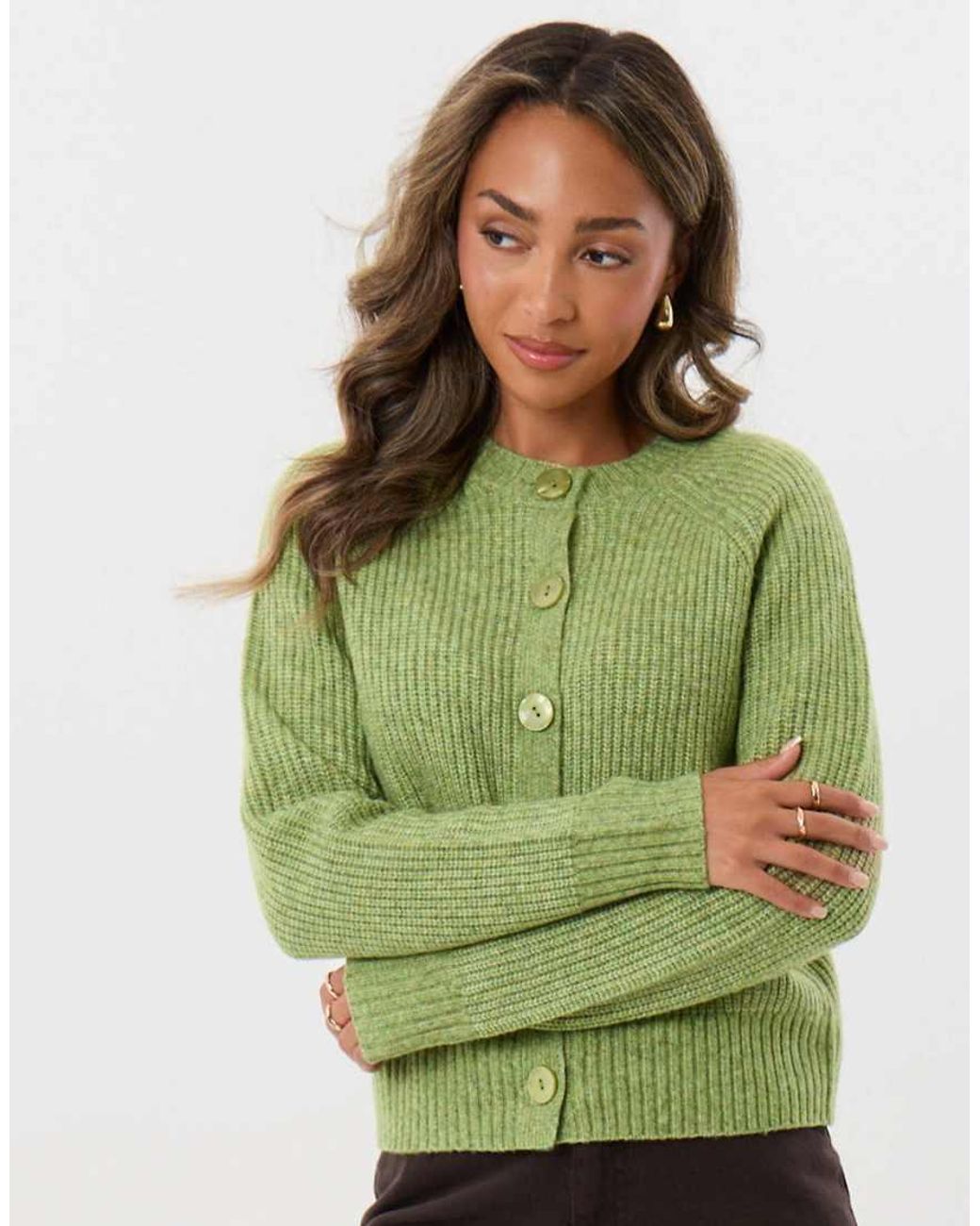 Threadbare Green Chunky Knit Crew Neck Cardigan
