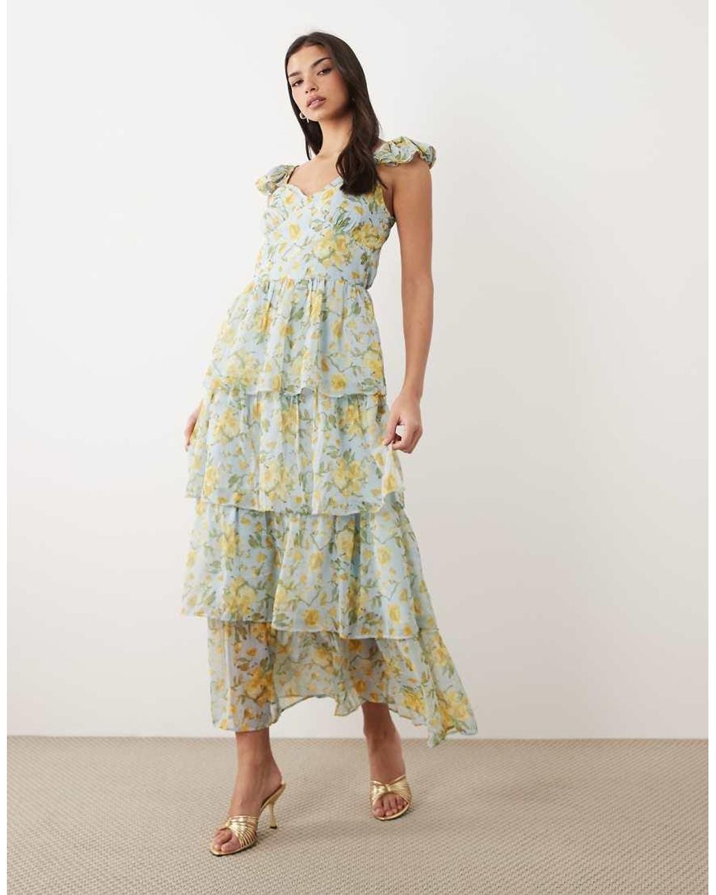 Y.A.S Green Flutter Sleeve Tiered Chiffon Maxi Dress