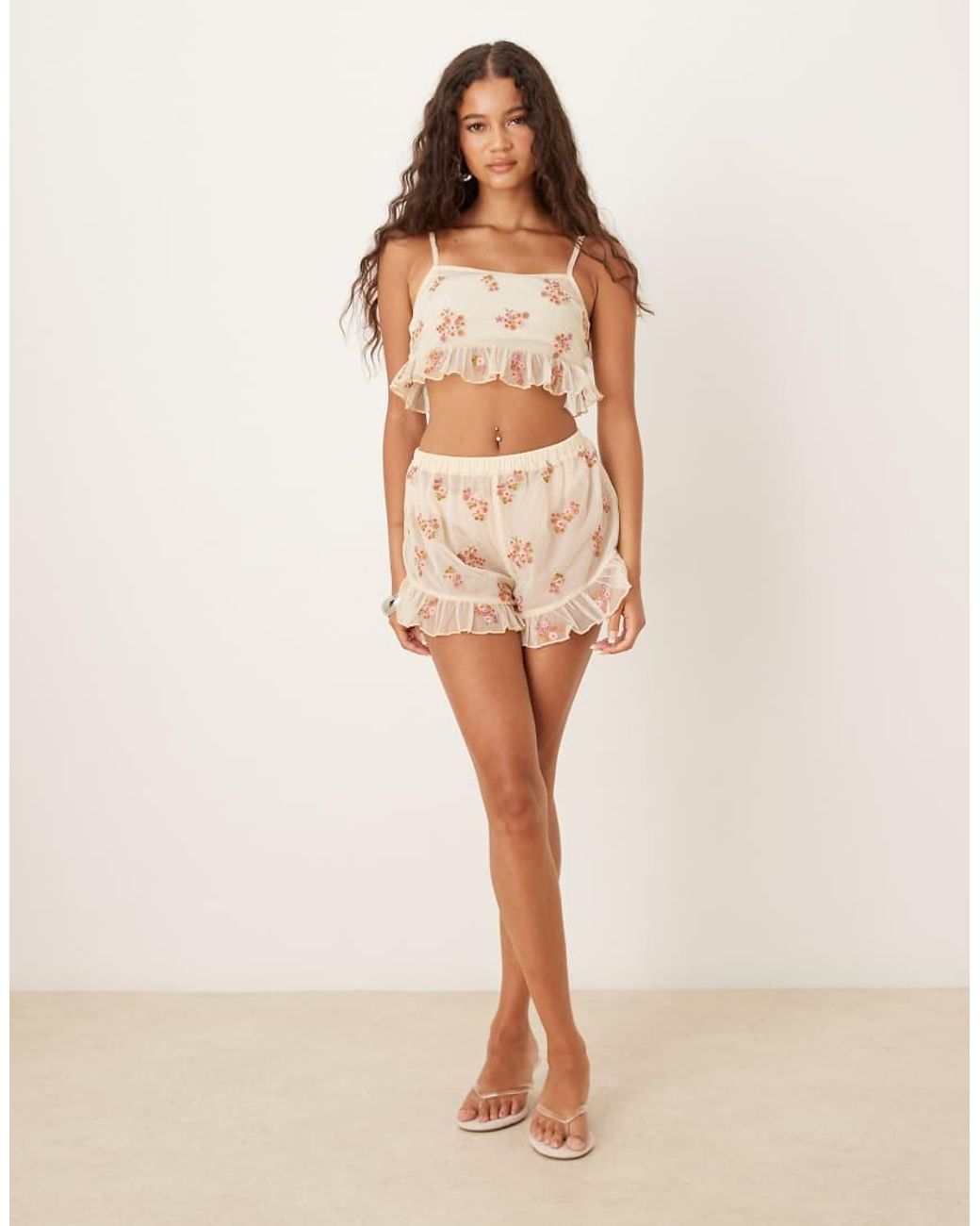 ASOS Brown Sheer Flippy Shorts With Embroidery
