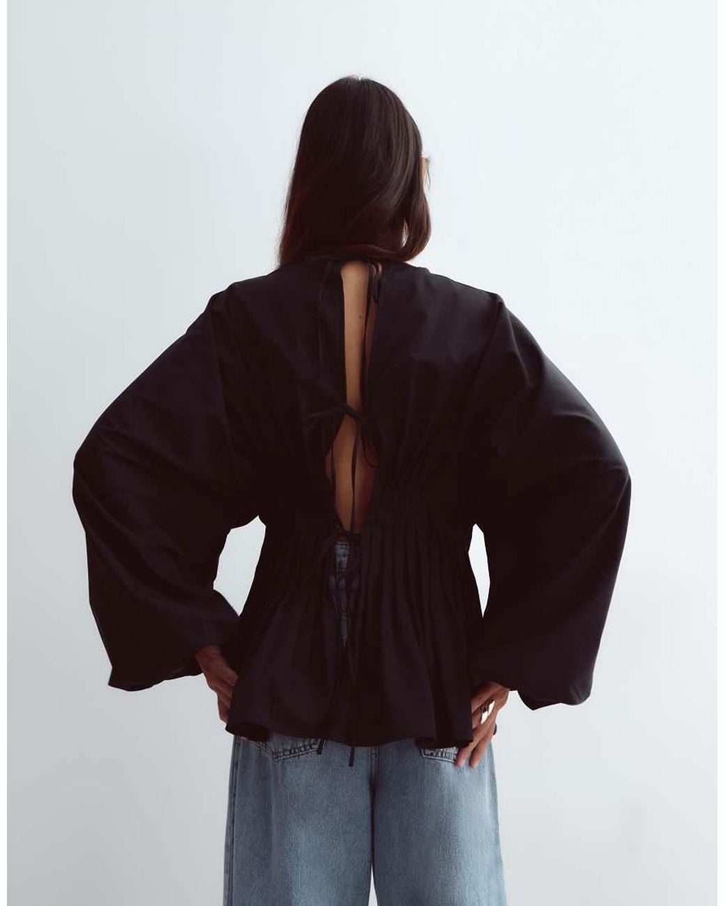 ARRANGE Black Volume Sleeve Pleated Cinched Waist Top