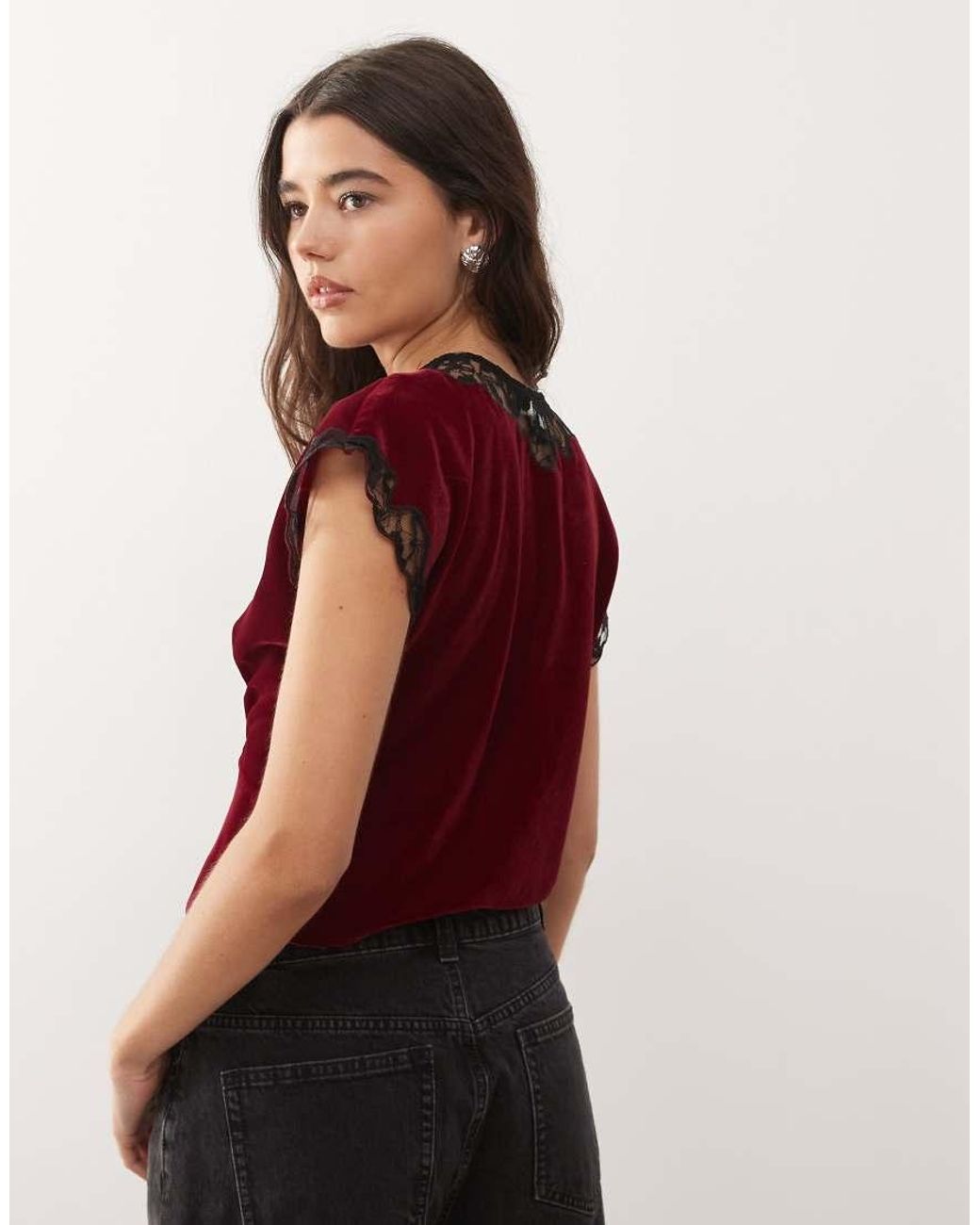 Reclaimed Vintage Red Tea Top With Inserted Lace