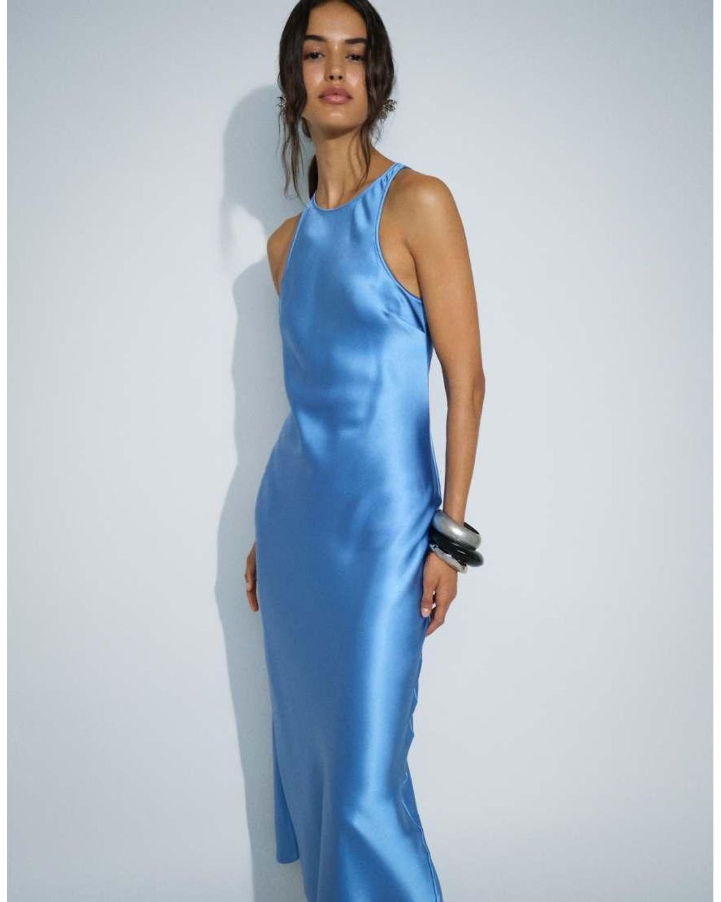 & Other Stories Blue Bias Cut Satin Midi Dress