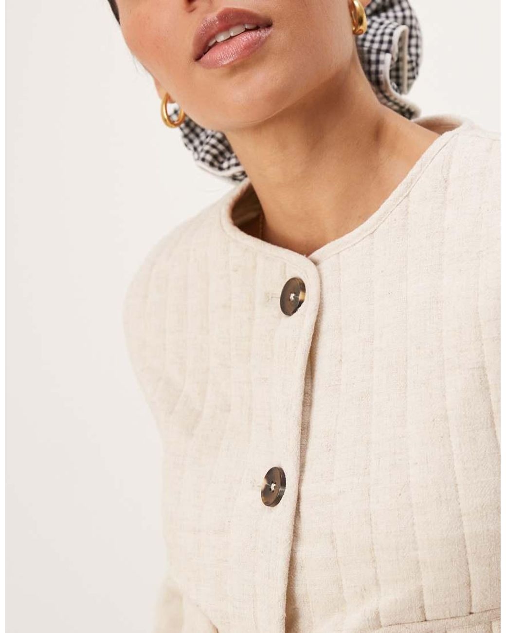 ASOS Natural Linen Crop Collarless Quilted Jacket