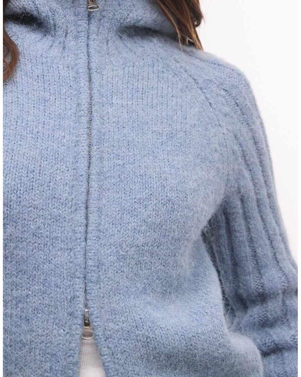 Weekday Blue Wool Blend Zip Cardigan With Hood