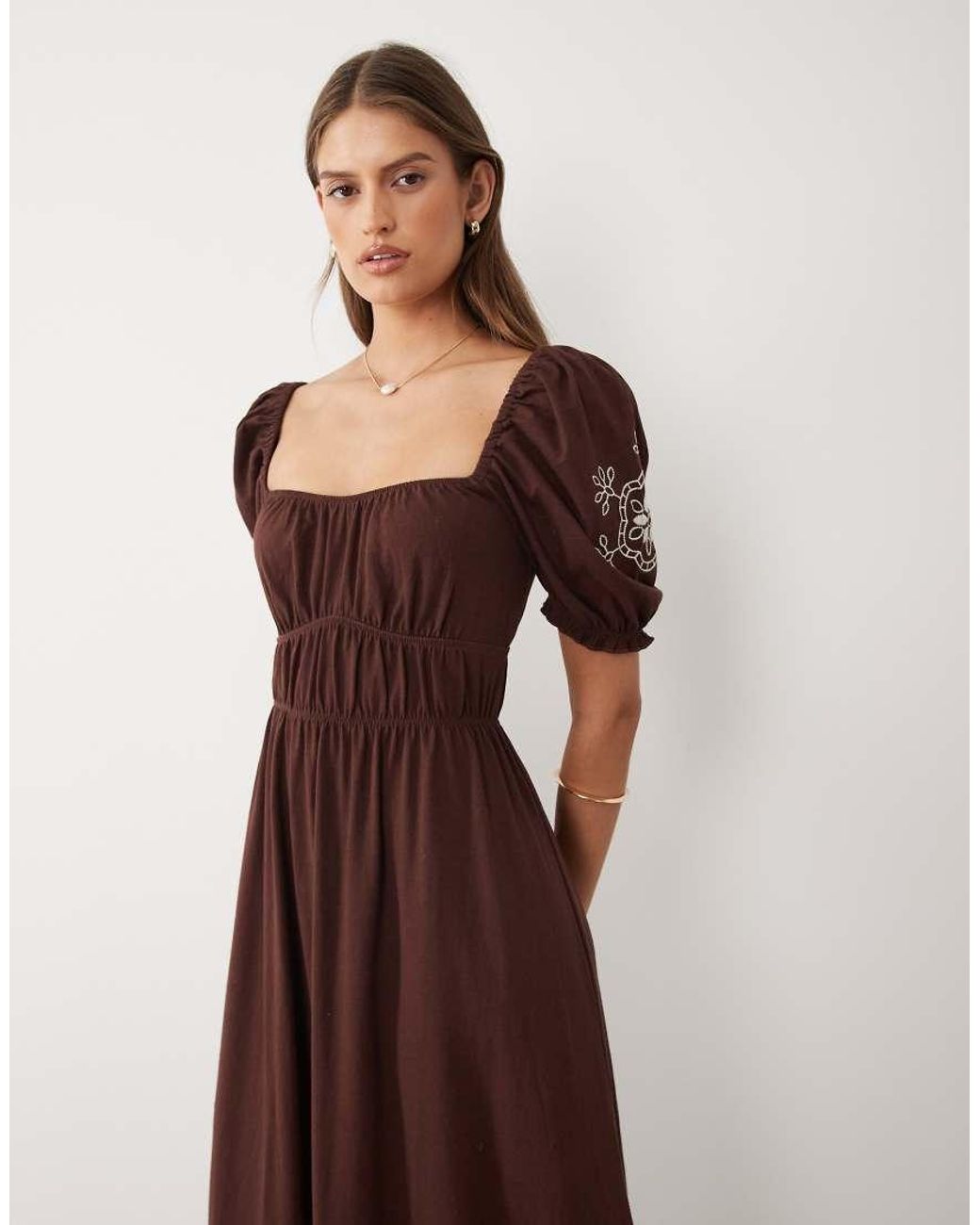 Miss Selfridge Puff Sleeve Maxi Dress With Embroidery in Natural