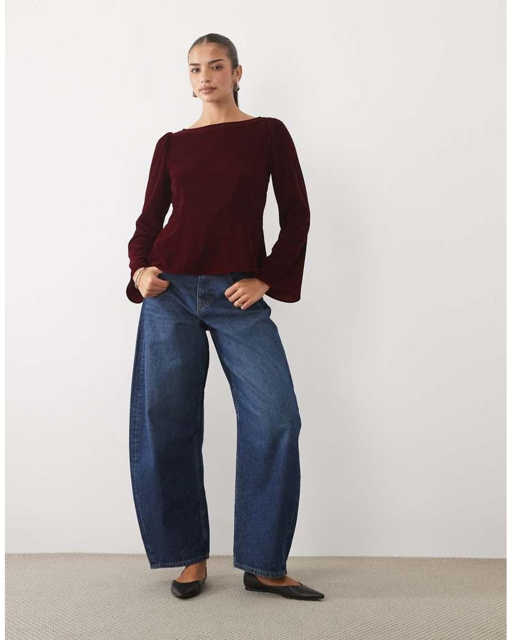 Nobody's Child Red Eva Velvet Boat Neck Flare Sleeve Top