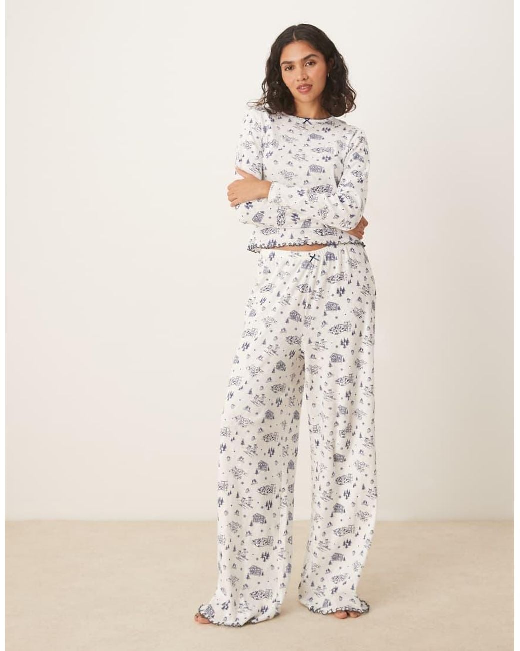ASOS Natural Pointelle Pyjama Trouser And Long Sleeve Tee Set