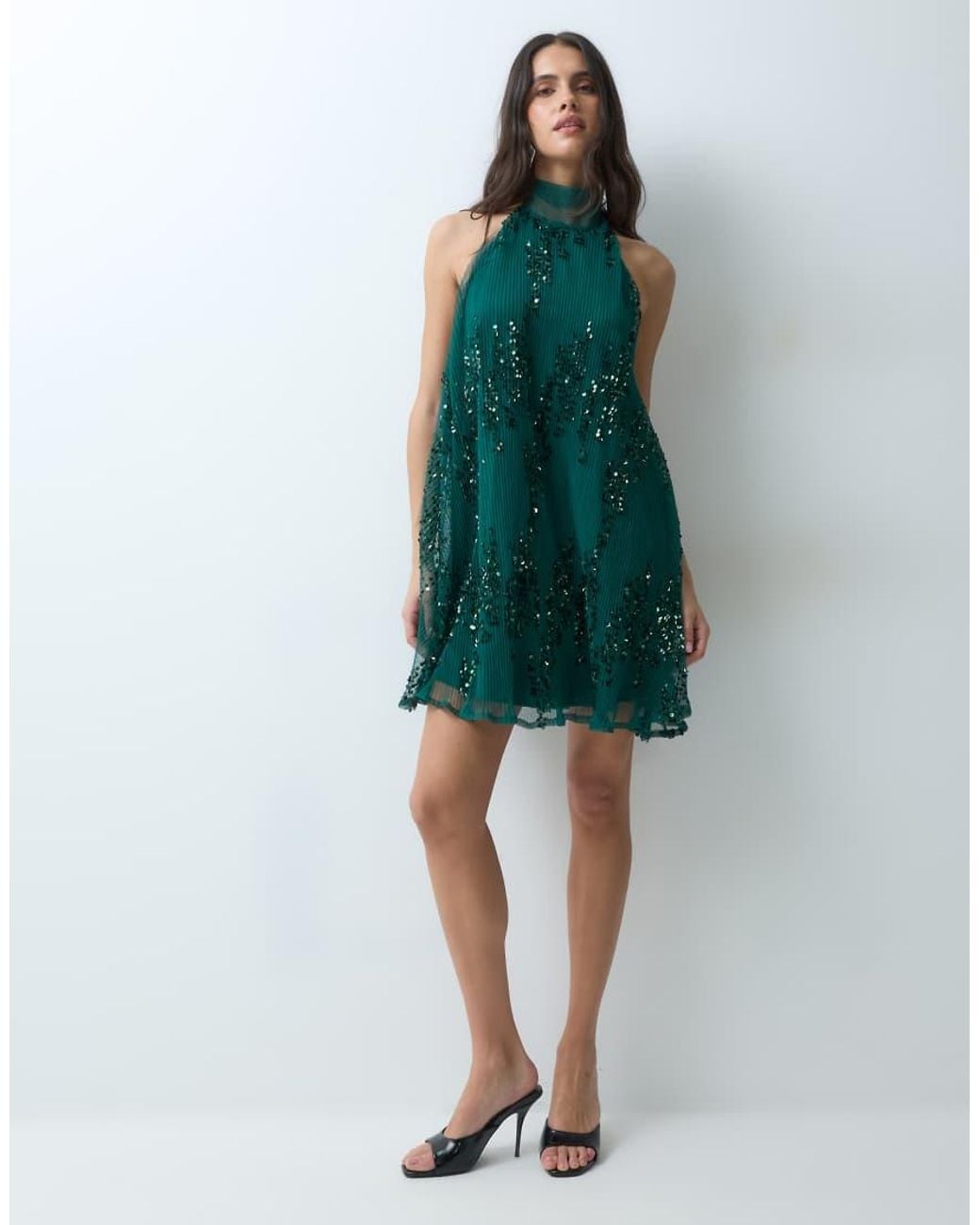 TFNC London Green Pleated Sequin Halter Neck Mini Dress