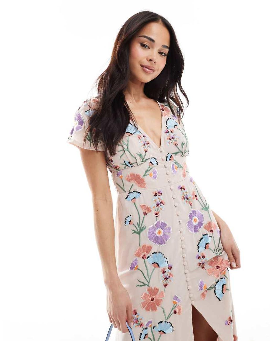 Maya Multicolor Embroidery & Faux Button Front Maxi Dress