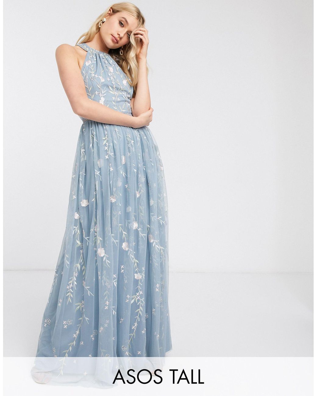ASOS Asos Design Tall Halterneck Pretty Embroidered Floral And Sequin Mesh  Maxi Dress in Blue